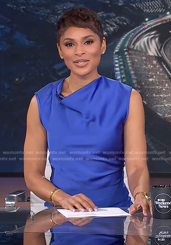 Jericka's blue cowl neck top and bandage pencil skirt on CBS Evening News
