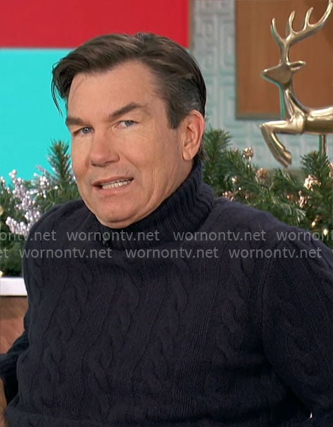 Jerry's navy cable-knit turtleneck sweater on The Talk