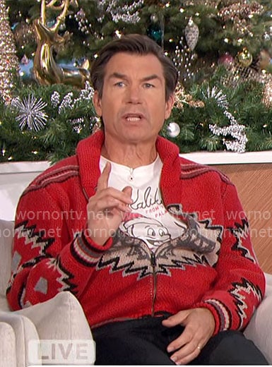 Jerry’s red printed cardigan on The Talk