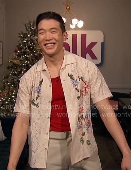 Joel Kim Booster’s floral embroidered shirt on The Talk