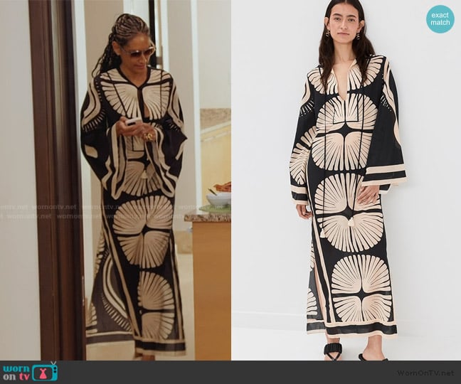 Racquel’s black printed kaftan dress on RHONY