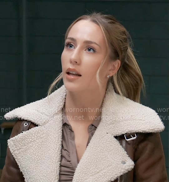 Josslyn's brown leather and sherpa biker jacket on General Hospital