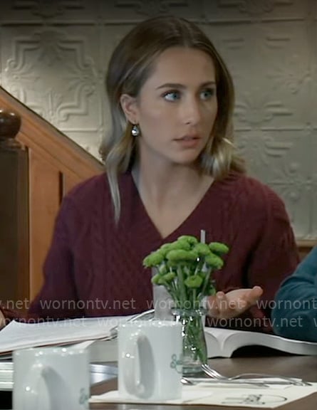 Josslyn's burgundy cable-knit sweater on General Hospital