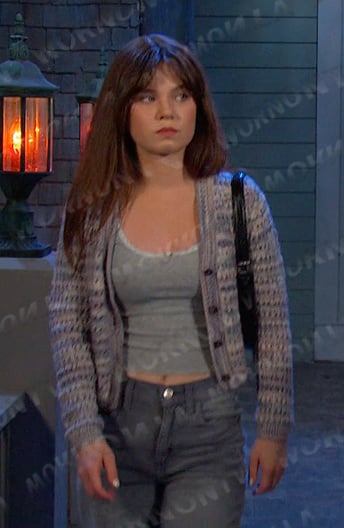 Joy’s grey tee and blue knit cardigan on Days of our Lives