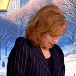 Joy’s navy pinstripe puff sleeve blazer on The View