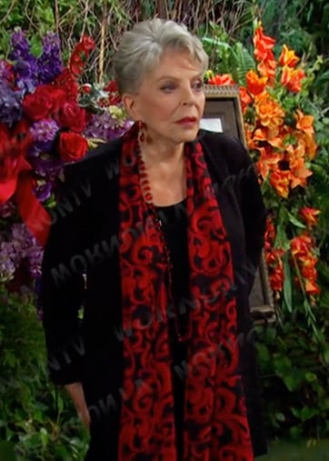 Julie’s black and red print scarf jacket on Days of our Lives