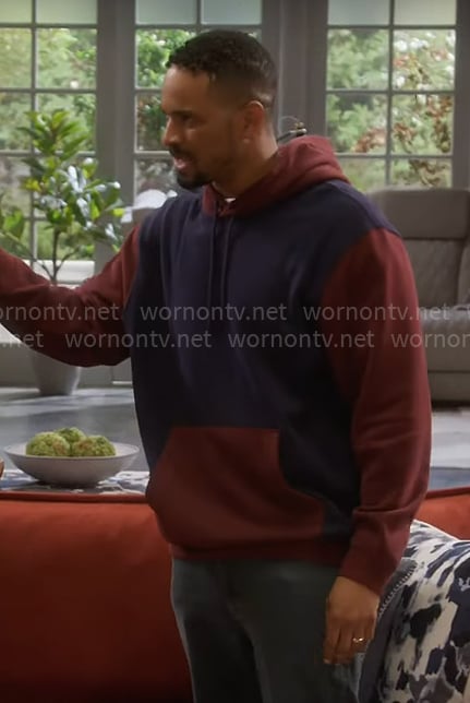 Junior's navy and burgundy colorblock hoodie on Poppas House