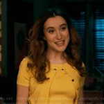 Kacey’s yellow cropped cardigan and tweed mini skirt on The Sex Lives of College Girls