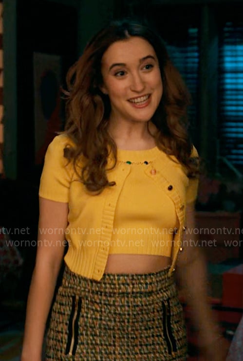 Kacey's yellow cropped cardigan and tweed mini skirt on The Sex Lives of College Girls