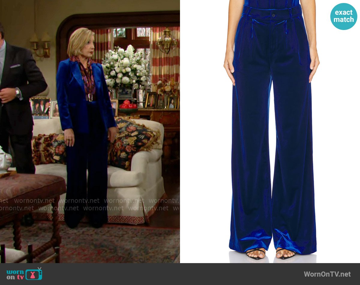 Karina Grimaldi Ximena Velvet Pants worn by Nikki Reed Newman (Melody Thomas-Scott) on The Young and the Restless