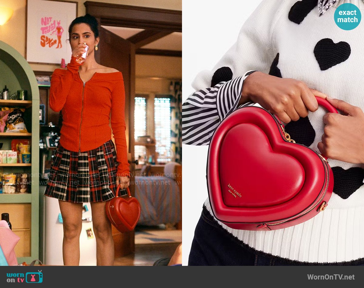 Kate Spade Pitter Patter 3d Heart Crossbody in Perfect Cherry worn by Bela Malhotra (Amrit Kaur) on The Sex Lives of College Girls