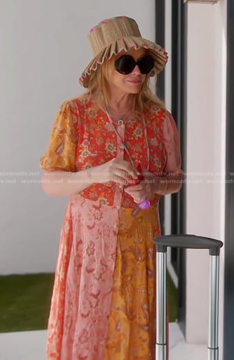 Kathy’s floral patchwork dress and straw hat on The Real Housewives of Beverly Hills