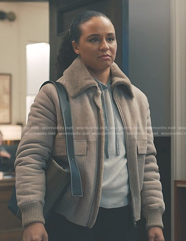 Kaya's hooded sweater and suede jacket on Elsbeth