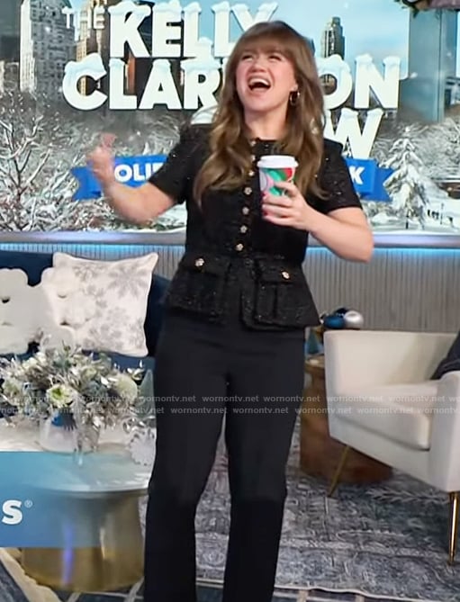 Kelly's black metallic tweed jumpsuit on The Kelly Clarkson Show