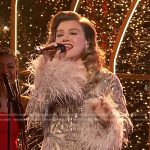 Kelly Clarkson’s embellished feather trim dress on The Voice