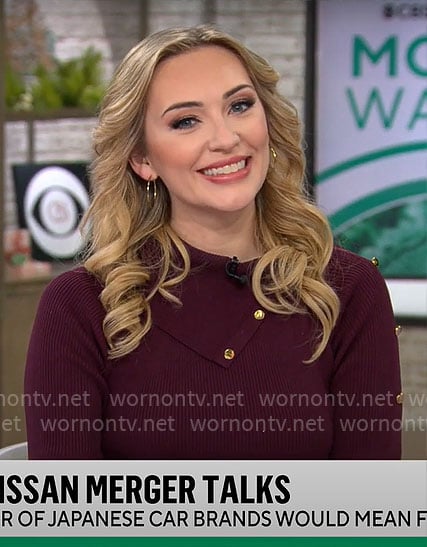 Kelly O’Grady’s purple knit dress with buttons on CBS Mornings