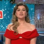 Kelly’s red off shoulder dress on The Kelly Clarkson Show