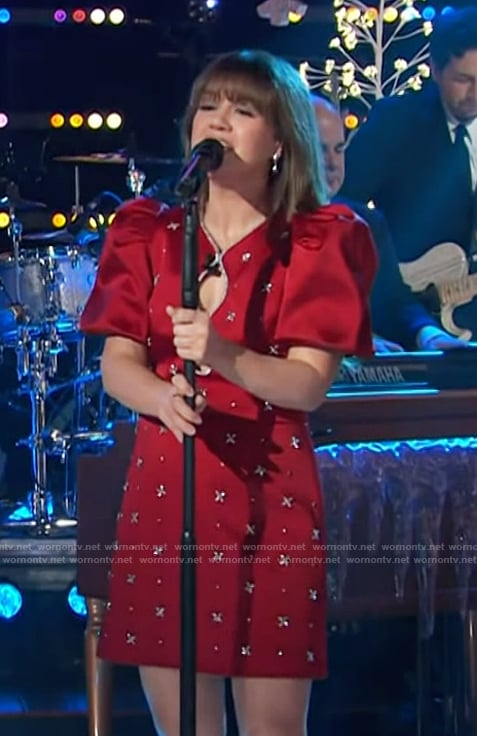 Kelly's red embellished puff sleeve dress on The Kelly Clarkson Show