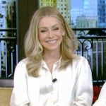 Kelly’s satin tie neck blouse on Live with Kelly and Mark