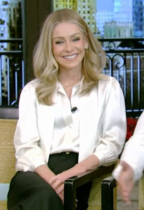 Kelly's satin tie neck blouse on Live with Kelly and Mark