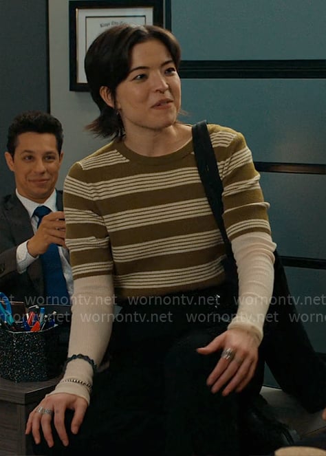 Kira's olive green striped top on Matlock