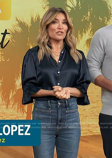 Kit's black satin top and jeans on Access Hollywood