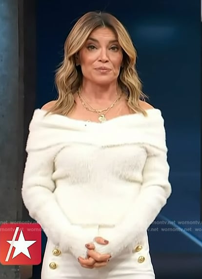 Kit's white fuzzy off shoulder sweater on Access Hollywood