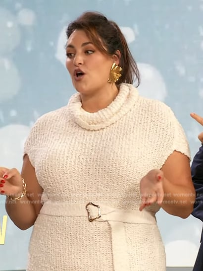 Kristina Zias’s white knit belted dress on The Drew Barrymore Show