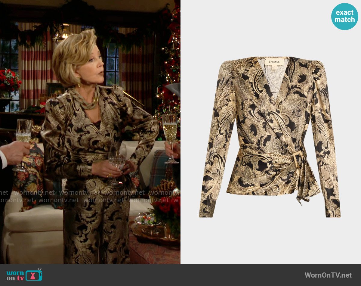 L'Agence Bensen Wrap Blouse worn by Nikki Reed Newman (Melody Thomas-Scott) on The Young and the Restless