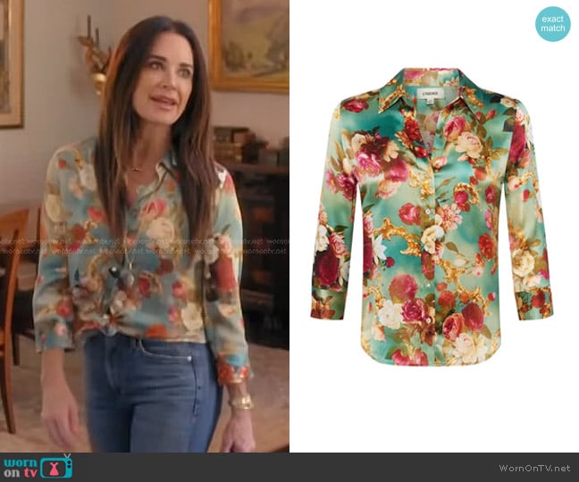 L'Agence Dani Blouse in Green worn by Kyle Richards on The Real Housewives of Beverly Hills