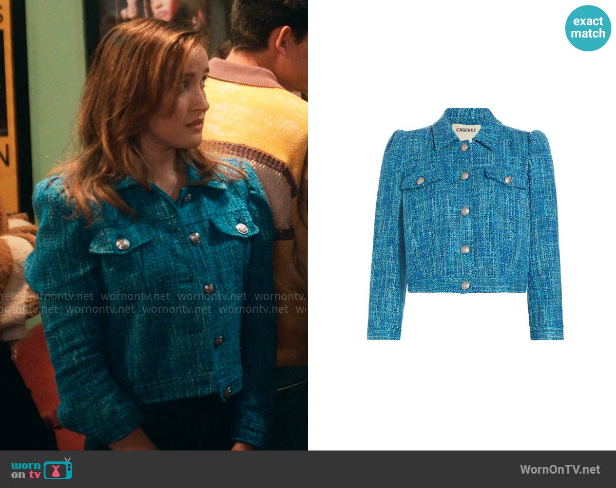 L'Agence Kasey Jacket in Caribbean Blue Multi Tweed worn by Kacey (Gracie Lawrence) on The Sex Lives of College Girls