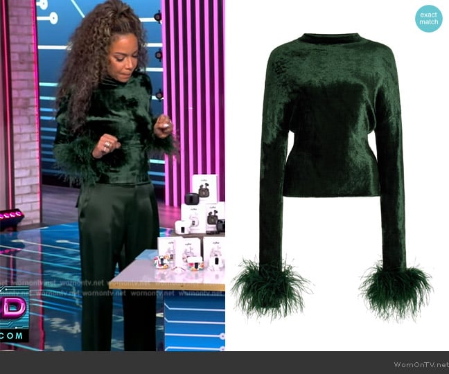 LaPointe Feather-Trimmed Dolman-Sleeve Velvet Top worn by Sunny Hostin on The View