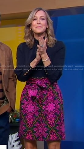 Lara's navy top and pink floral skirt on Good Morning America