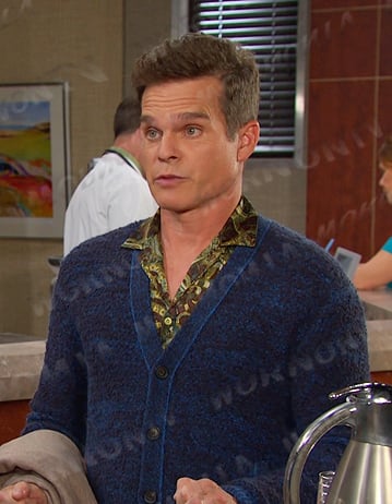 Leo's green print shirt and blue cardigan on Days of our Lives