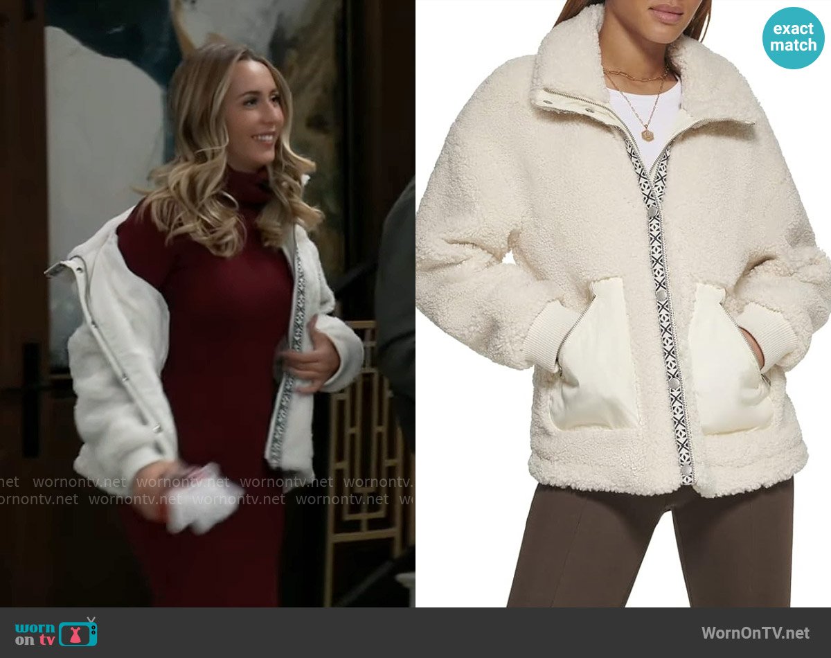 Levis Sherpa Teddy Jacket in Cream / Black worn by Josslyn Jacks (Eden McCoy) on General Hospital