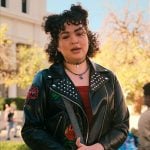 Lila’s floral leather jacket on The Sex Lives of College Girls