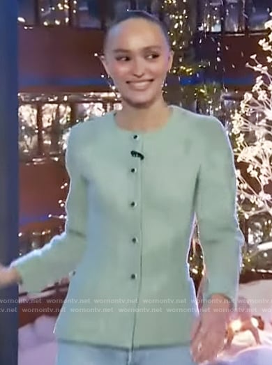 Lily-Rose Depp’s green tweed jacket on The Kelly Clarkson Show