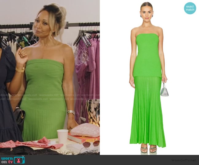 Karen’s green ribbed strapless dress on RHOP