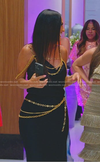 Lida’s black chain embellished top and skirt on The Real Housewives of Salt Lake City