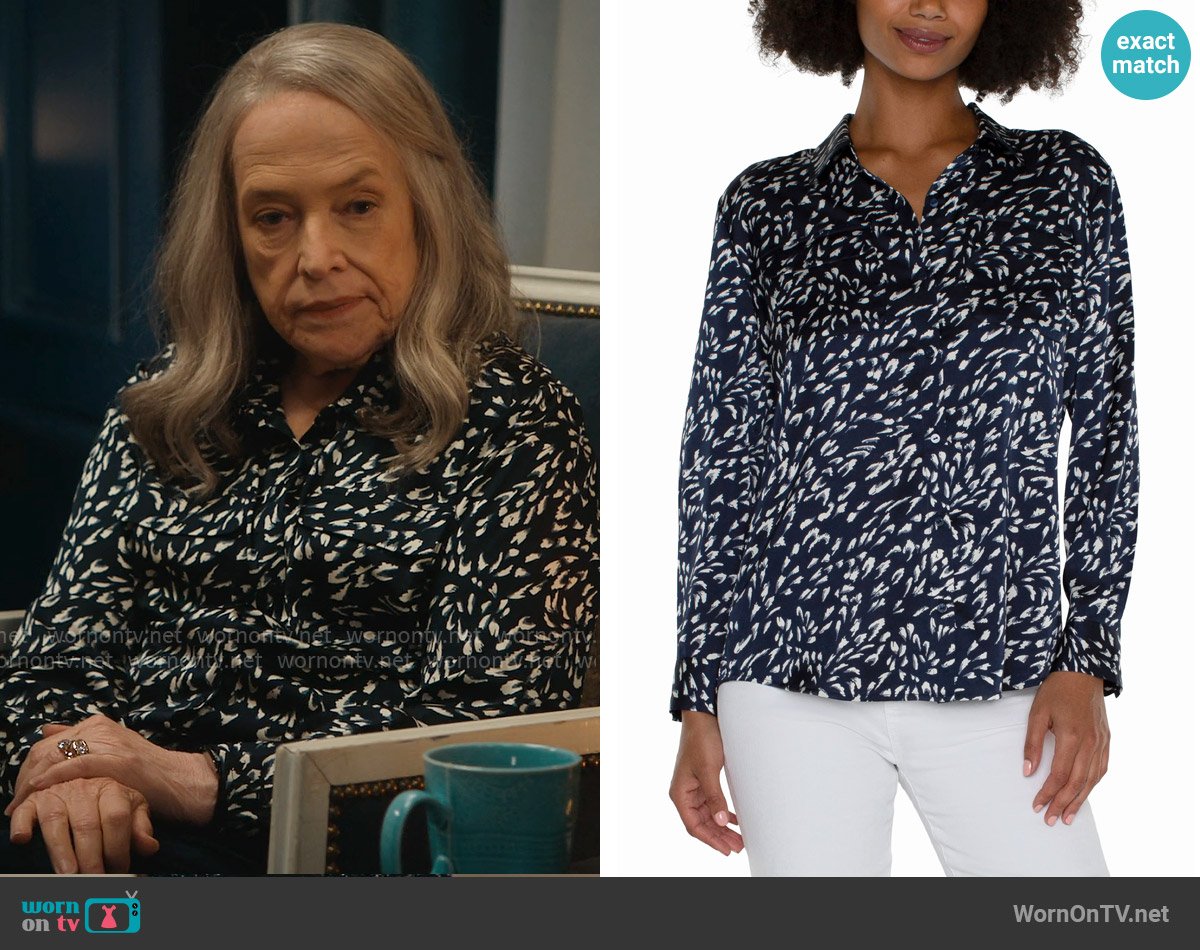 Liverpool Los Angeles Flap Pocket Button Up Woven Blouse in Navy Multi worn by Madeline Matlock (Kathy Bates) on Matlock