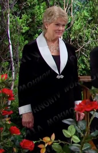 Liz’s black contrast collar velvet jacket on Days of our Lives