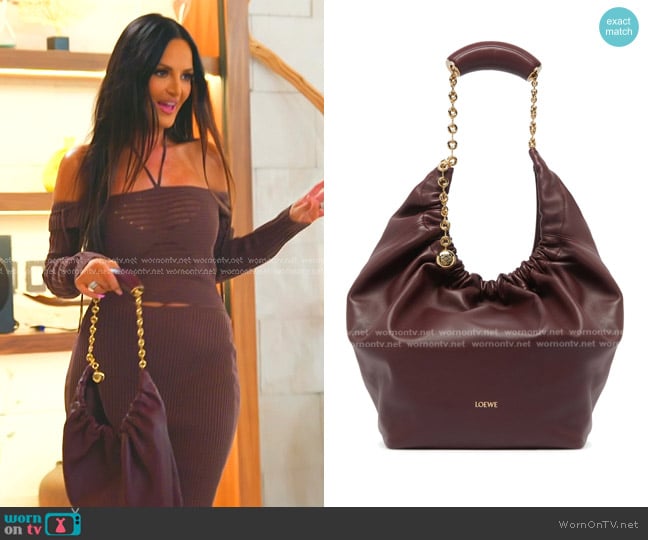 Loewe Medium Squeeze Bag in Dark Burgundy worn by Lisa Barlow on The Real Housewives of Salt Lake City