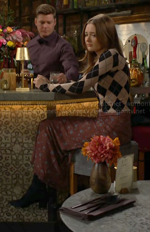 Faith’s argyle print cardigan and floral maxi skirt on The Young and the Restless