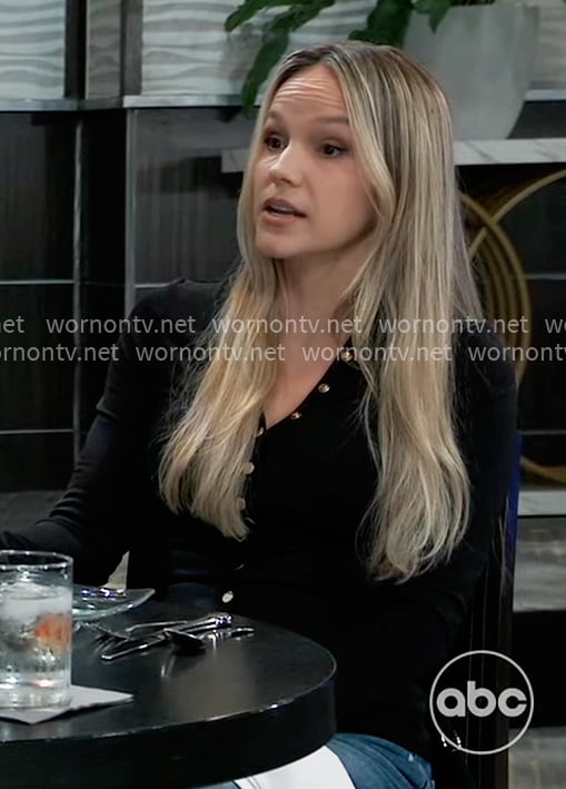 Lulus's black buttoned front v-neck top on General Hospital