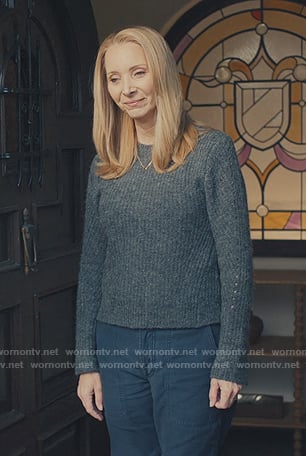 Lydia's gray pointelle knit sweater on No Good Deed