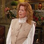 Maggie’s beige button up vest top and pants suit on Days of our Lives