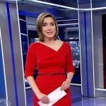 Margaret’s's red asymmetric neck dress on CBS Evening News