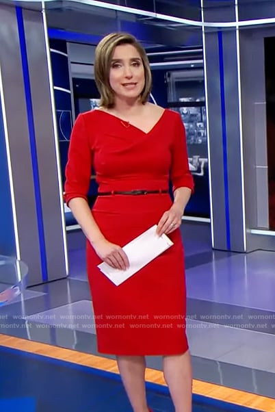 Margaret’s's red asymmetric neck dress on CBS Evening News