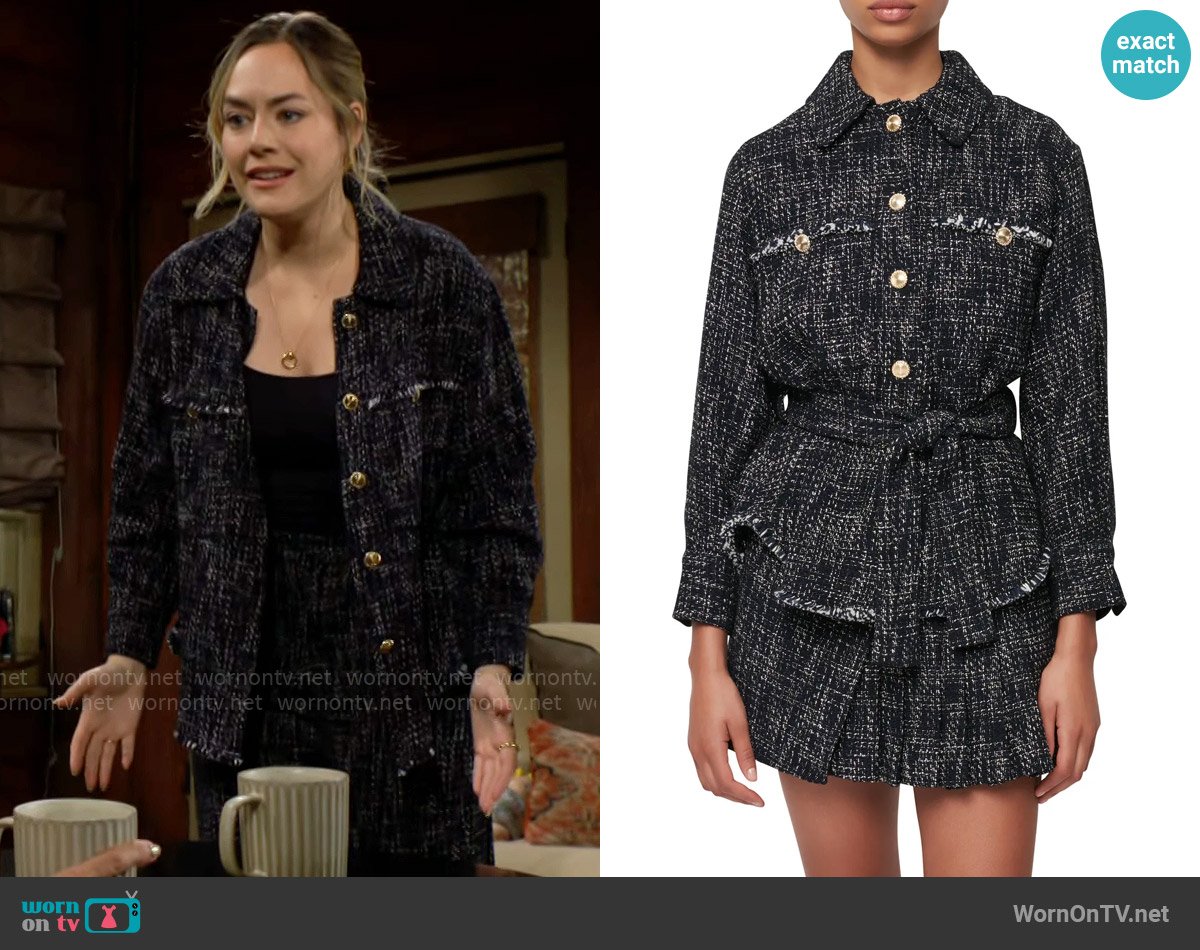 Maje Bleus Belted Tweed Organic Cotton-blend Jacket worn by Hope Logan (Annika Noelle) on The Bold and the Beautiful