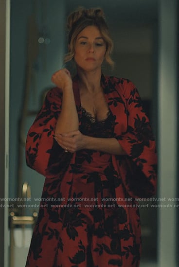 Margo's red floral print chemise and robe on No Good Deed